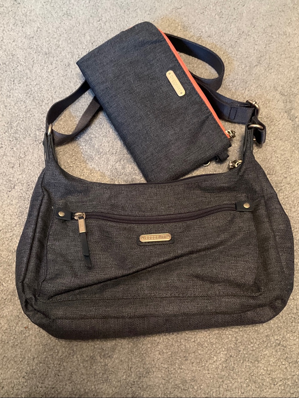 Baggallini Denim Blue Crossbody with Coral-Trim Wristlet